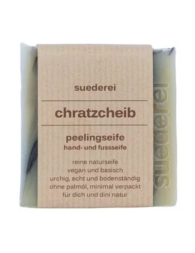 Naturseife Hand-, Fuss- & Peelingseife vegan - Chratzcheib mit Bimssteinpulver und grüner Erde - Bild mit Verpackung