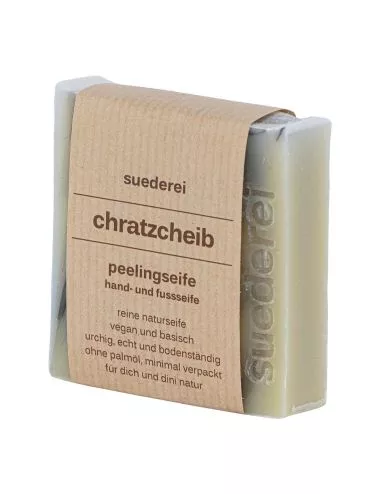 Naturseife Hand-, Fuss- & Peelingseife vegan - Chratzcheib mit Bimssteinpulver und grüner Erde - Bild mit Verpackung