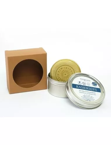 Bio-Seife Rasierseife vegan inkl. Blechdose - Sandel-Bergamotte & Erdmandelöl - Bild mit Verpackung