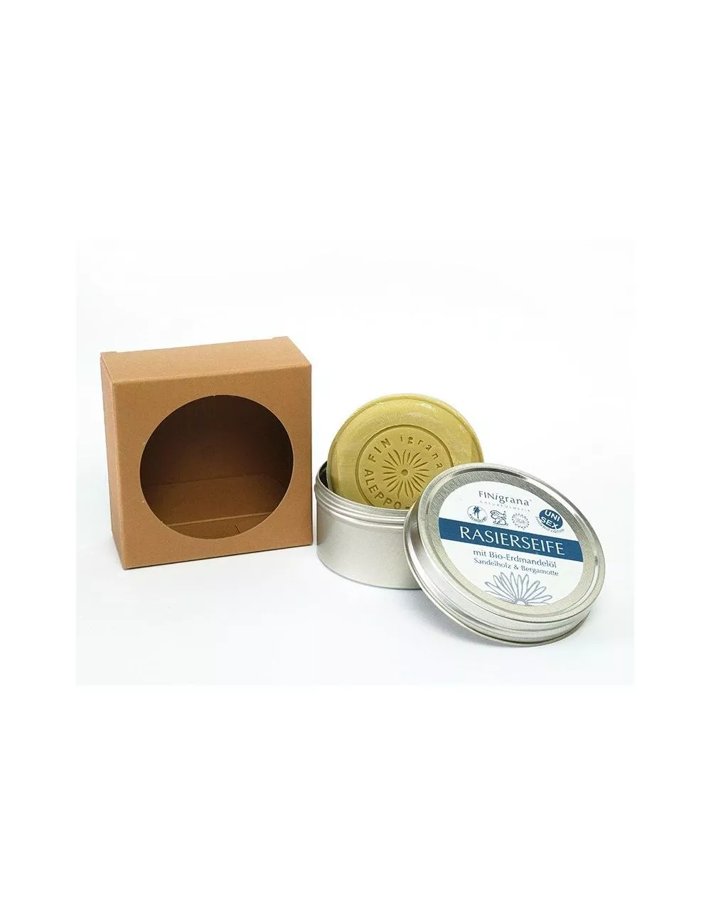 Bio-Seife Rasierseife vegan inkl. Blechdose - Sandel-Bergamotte & Erdmandelöl - Bild mit Verpackung Bio-Seife Rasierseife vegan inkl. Blechdose - Sandel-Bergamotte & Erdmandelöl - Bild mit Verpackung