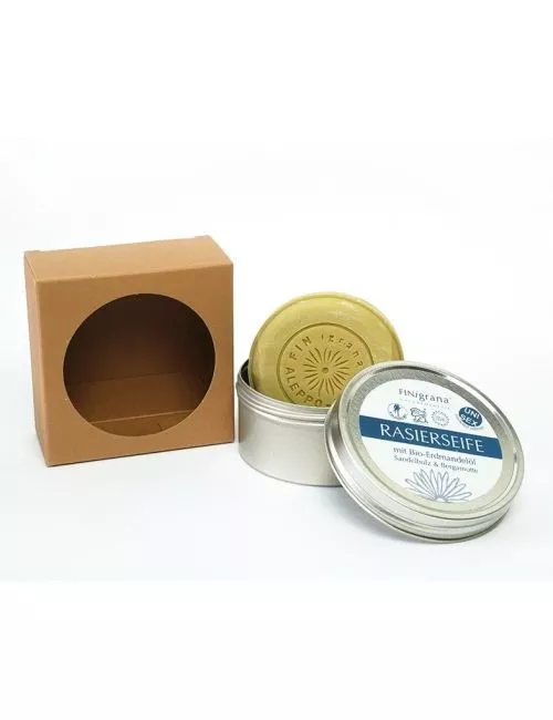 Bio-Seife Rasierseife vegan inkl. Blechdose - Sandel-Bergamotte & Erdmandelöl - Bild mit Verpackung