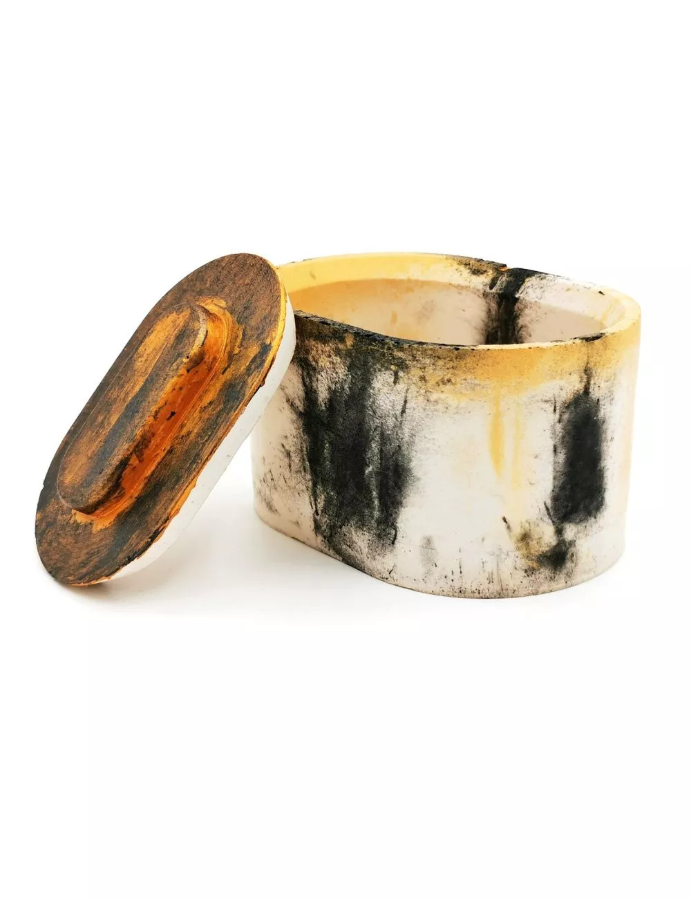 Gefäss Sunset aus Gips - ovaler Topf & Behälter gold-schwarz - Bild seitlich mit Deckel Gefäss Sunset aus Gips - ovaler Topf & Behälter gold-schwarz - Bild seitlich mit Deckel