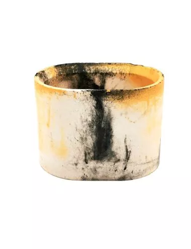 Gefäss Sunset aus Gips - ovaler Topf & Behälter gold-schwarz - Bild seitlich mit Deckel