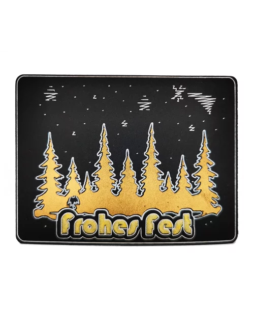 Spruchkarte & Grusskarte Winterwald - Weihnachten "Frohes Fest" gold auf schwarz liegend von oben