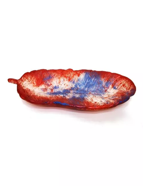 Schale Blatt aus Gips - ovale Alltagsschale & Schmuckschale rot blau - seitlich