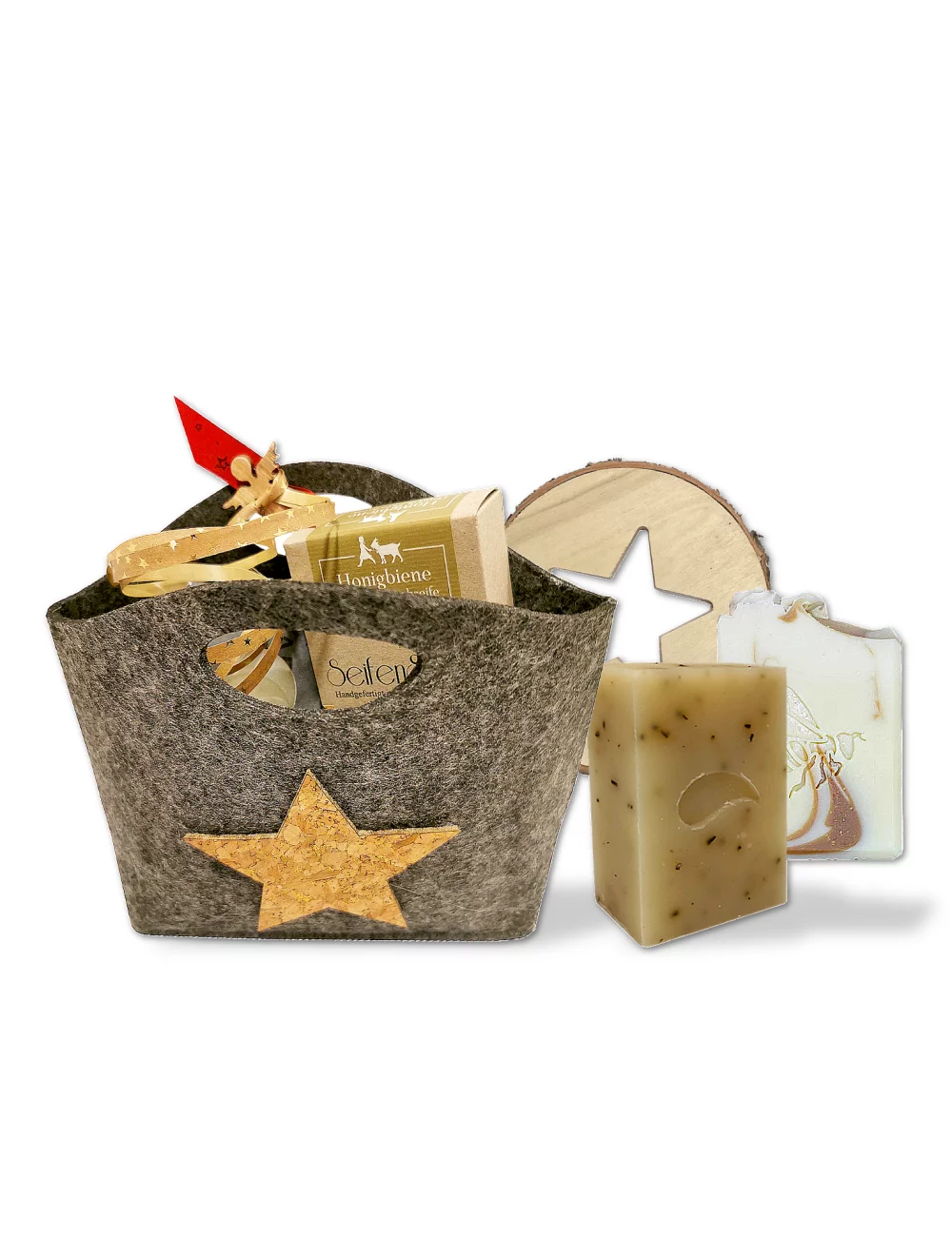 Geschenkset Weihnachten 2x Naturseife & 1x Holzunterleger - Illustration alle Produkte
