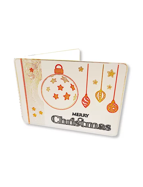 Spruchkarte & Grusskarte Weihnachtskugel - Karte für Weihnachten "Merry Christmas" gold-silber-bronze auf weiss - Karte frontal