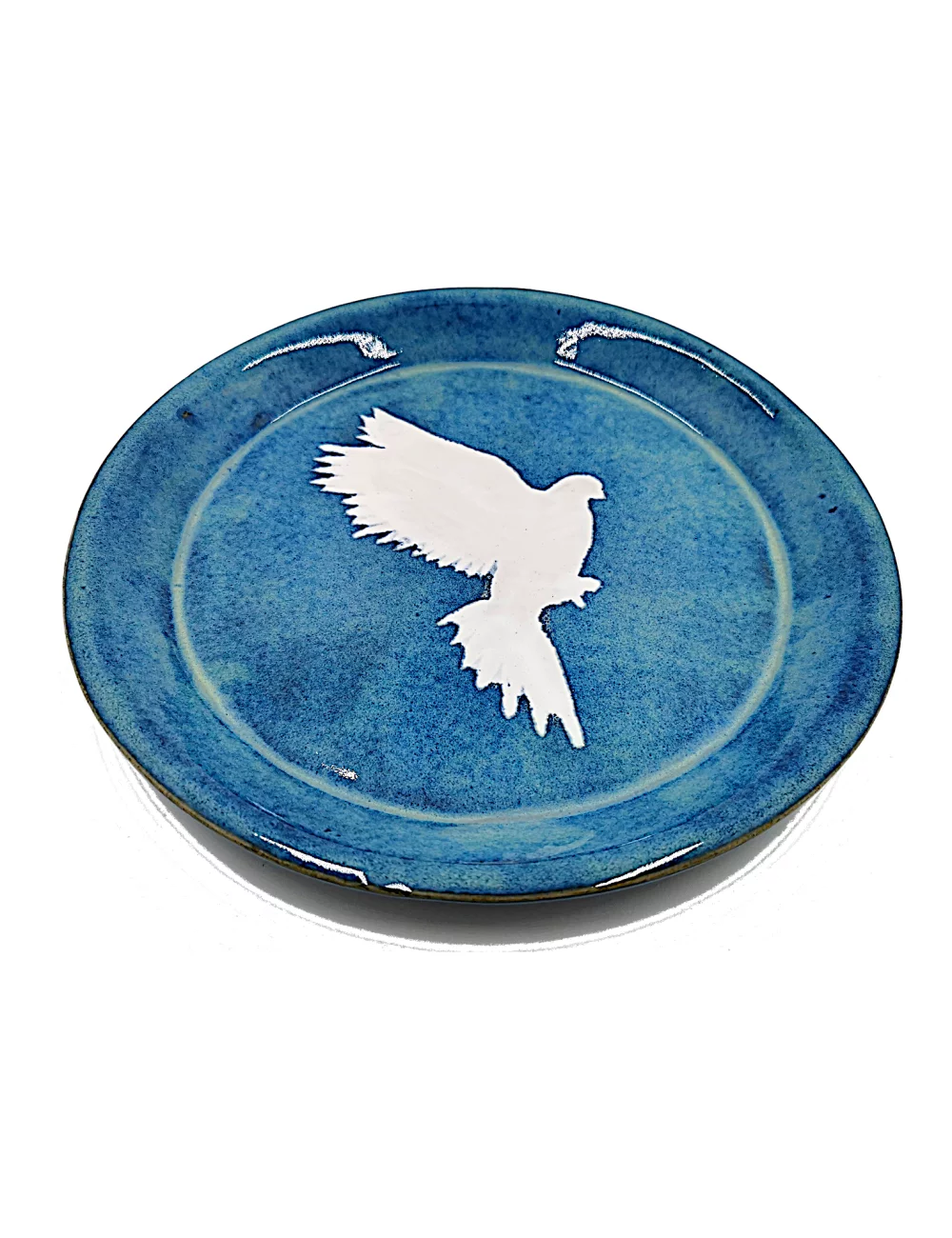 Weihnachts- & Friedens-Teller Taube aus Ton - weisse Taube auf blau - seitlich Weihnachts- & Friedens-Teller Taube aus Ton - weisse Taube auf blau - seitlich