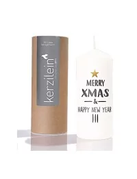 Stumpenkerze "Merry Xmas & Happy New Year" anthrazit - Flamme 19 x 8 cm