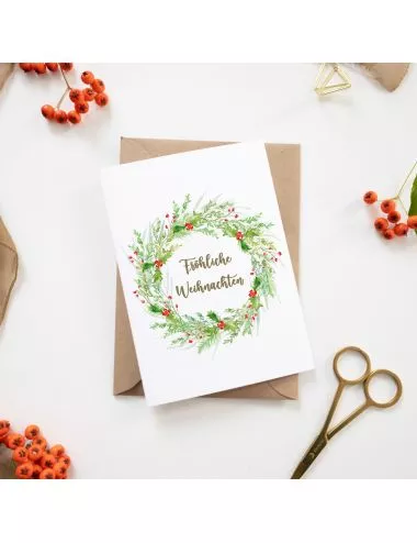 Weihnachtskarte & Grusskarte - Kranz "Fröhliche Weihnachten" mit Couvert