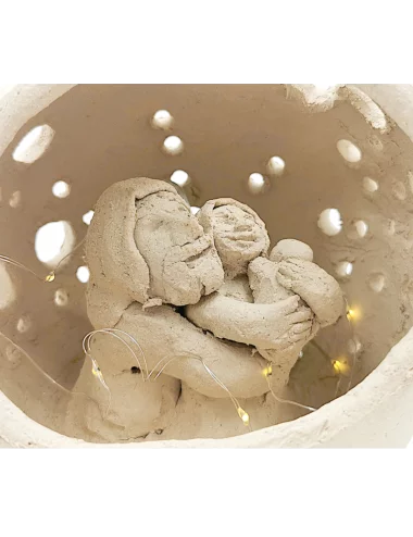 Grosse Kugel-Krippe aus Ton - Lichtkugel Szene 2 Jesus, Maria & Josef mit Stern im Dach ganze Krippe