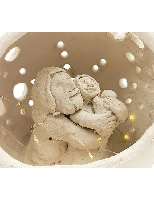 Grosse Kugel-Krippe aus Ton - Lichtkugel Szene 2 Jesus, Maria & Josef mit Stern im Dach ganze Krippe