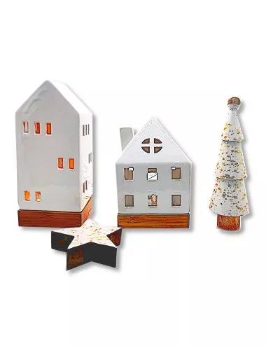 Set Weihnachten - Teelicht Haus, Stern, Christbaum - Dekoration in weiss/gold