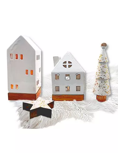 Set Weihnachten - Teelicht Haus, Stern, Christbaum - Dekoration in weiss/gold