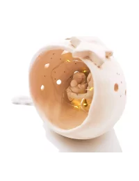 Kleine Kugel-Krippe aus Ton - Weihnachtskrippe Maria, Josef & Kind Szene 2 für Weihnachten seitlich