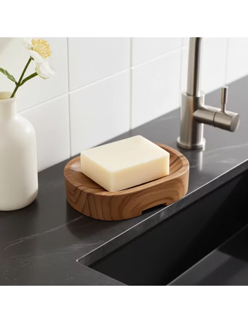 Ovale Seifenschale aus reclaimed Teak-Wurzelholz Fair-Trade - mit Seife