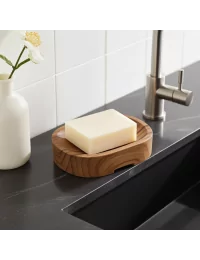 Ovale Seifenschale aus reclaimed Teak-Wurzelholz Fair-Trade - mit Seife bei Lavabo mit schwarzem Untergrund