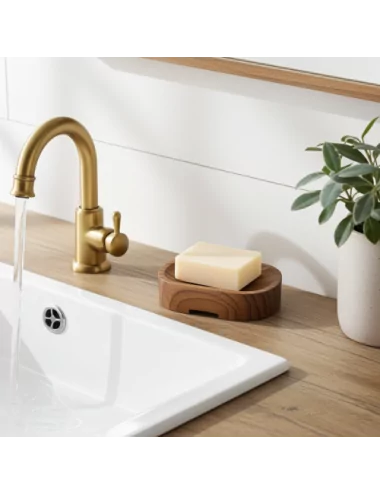 Ovale Seifenschale aus reclaimed Teak-Wurzelholz Fair-Trade - mit Seife bei Lavabo mit braunem Untergrund