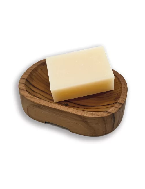 Ovale Seifenschale aus reclaimed Teak-Wurzelholz Fair-Trade - mit Seife