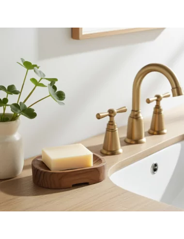 Ovale Seifenschale aus reclaimed Teak-Wurzelholz Fair-Trade - mit Seife neben Lavabo mit schwarzem Untergrund