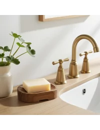 Ovale Seifenschale aus reclaimed Teak-Wurzelholz Fair-Trade - mit Seife neben Lavabo mit schwarzem Untergrund