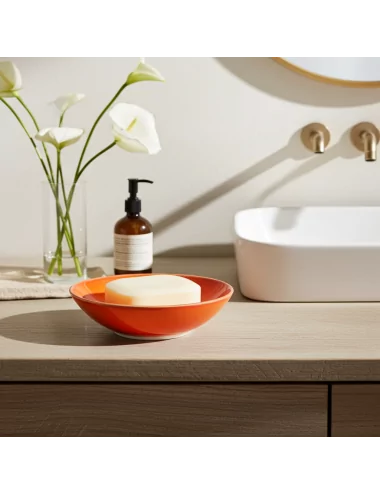 Seifenschale Ton rund orange vor Lavabo
