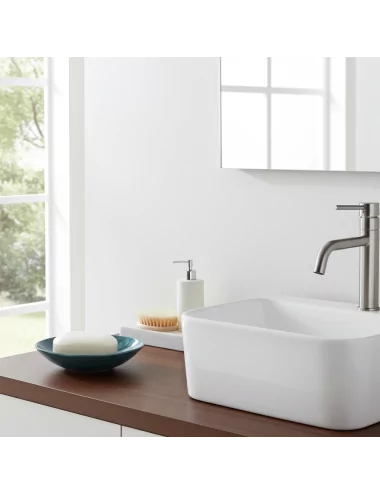 Seifenschale Ton rund azur blau neben Lavabo