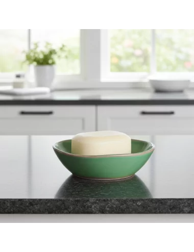 Seifenschale Ton rund mint-grün in Küche vor Lavabo