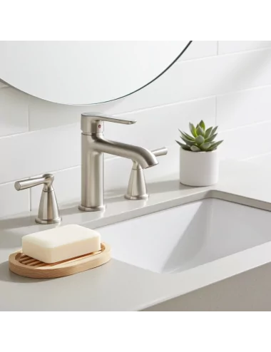 Ovale Seifenschale aus Douglas-Holz mit Seife, handmade im Werkstatt Schweiz, neben Lavabo im Bad