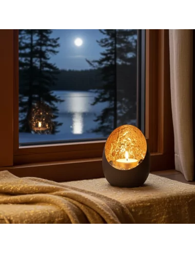 Teelicht & Goldlicht - Teelichschale Spot bronze-goldmosaik 9.5 cm - Teelicht vor Fenster im Winter in der Nacht