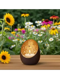 Teelicht & Goldlicht - Teelichschale Spot bronze-goldmosaik 9.5 cm - ein Teelicht im Sommer vor Blumen auf Balkon