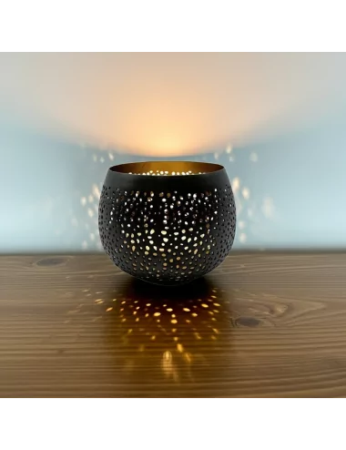 Teelicht & Goldlicht - Teelichtschale Ball gelocht anthrazit-gold 12 cm leuchtend