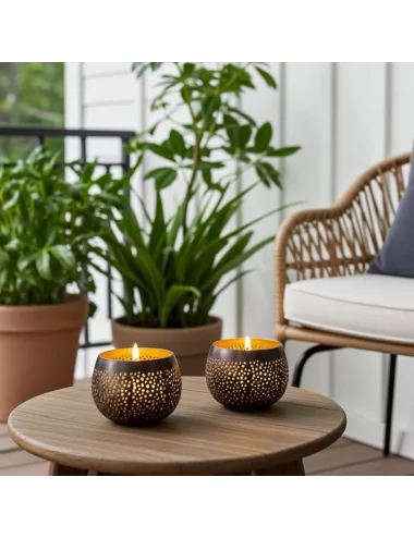 Teelicht & Goldlicht - Teelichtschale Ball gelocht anthrazit-gold 12 cm leuchtend