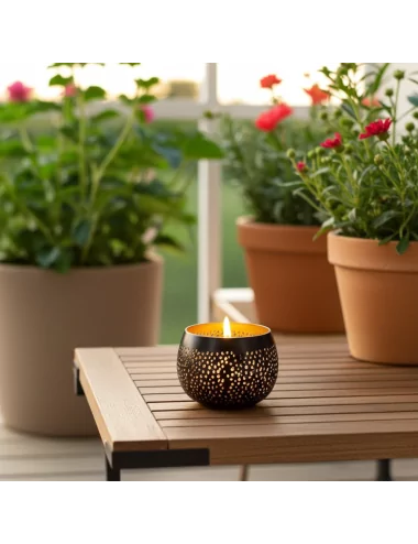 Teelicht & Goldlicht - Teelichtschale Ball gelocht anthrazit-gold 12 cm - Teelicht auf Terrasse im Sommer