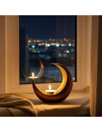 Teelicht & Goldlicht - Teelichschale Luna bronze-gold 15 cm - Teelicht in Nacht auf Fenstersims mit Blick auf Stadt