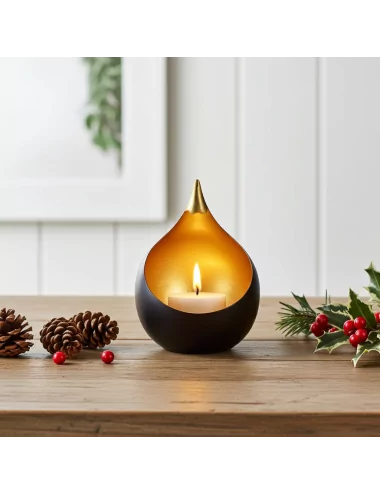 Teelicht & Goldlicht - Teelichschale Bola bronze-gold 15 cm - neben Tannenbaum-Blättern und Tannzapfen