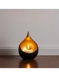Teelicht & Goldlicht - Teelichschale Bola bronze-gold 15 cm - auf Boden vor weisser Wand mit Leiste im halbdunkeln