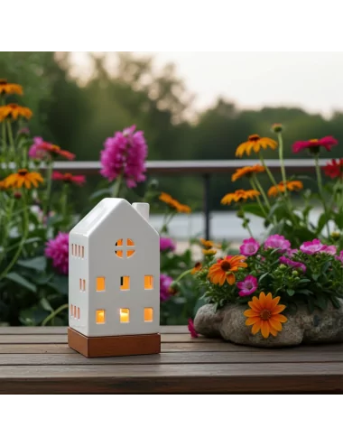 Lichthaus - Teelicht Haus - Dekoration Weihnachten - weiss-glänzend - 22,5 cm auf Terrasse im Sommer beleuchtet