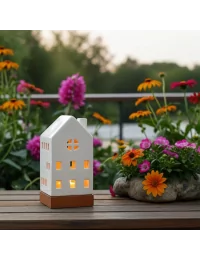 Lichthaus - Teelicht Haus - Dekoration Weihnachten - weiss-glänzend - 22,5 cm auf Terrasse im Sommer beleuchtet