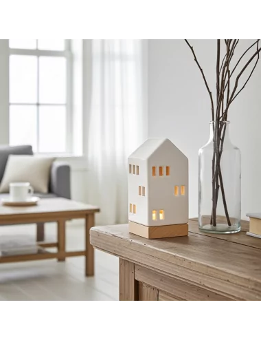 Lichthaus - Teelicht Haus - Dekoration Weihnachten - weiss-glänzend - 22,5 cm auf Highboard neben Pflanze