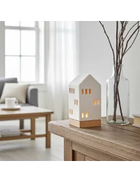 Lichthaus - Teelicht Haus - Dekoration Weihnachten - weiss-glänzend - 22,5 cm auf Highboard neben Pflanze