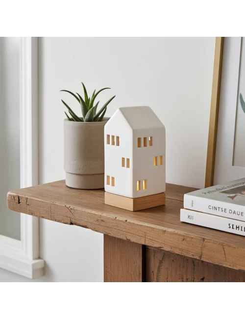 Lichthaus schmal - Teelicht Haus-Dekor - weiss-glänzend - Illustration mit Set im Winter vor Fenster