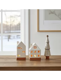 Set Weihnachten - Teelicht Haus, Stern, Baum - Dekoration in weiss/gold auf Tisch