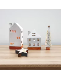 Set Weihnachten - Teelicht Haus, Stern, Baum - Dekoration in weiss/gold