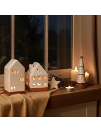 Set Weihnachten - Teelicht Haus, Stern, Baum - Dekoration in weiss/gold auf Fenstersims