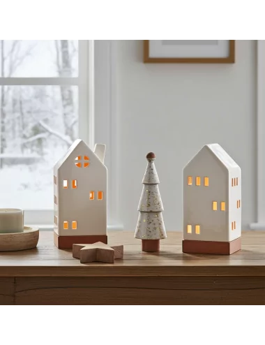 Set Weihnachten - Teelicht Haus, Stern, Baum - Dekoration in weiss/gold auf Tisch vor Fenster