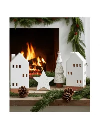 Set Weihnachten - Teelicht Haus, Stern, Baum - Dekoration in weiss/gold als Weihnachtsdekor vor Cheminée