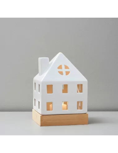 Lichthaus - Teelicht Haus - Dekoration Weihnachten - weiss-glänzend - 17.7 cm vor weisser Wand