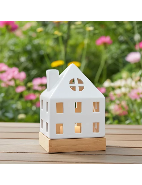 Lichthaus - Teelicht Haus - Dekoration Weihnachten - weiss-glänzend - 17.7 cm vor weisser Wand