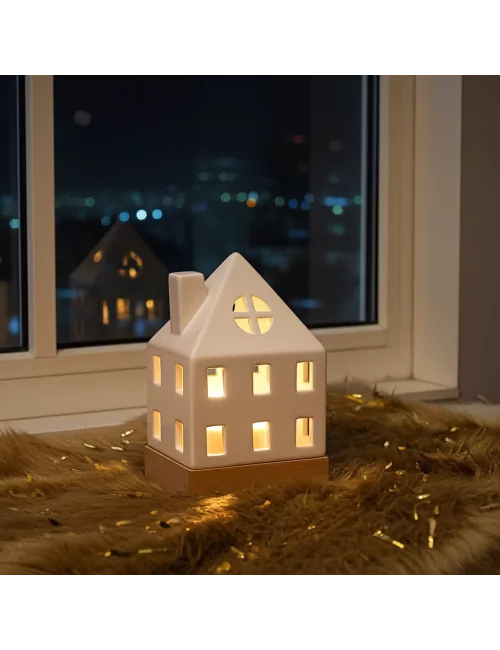 Lichthaus - Teelicht Haus - Dekoration Weihnachten - weiss-glänzend - 17.7 cm vor weisser Wand